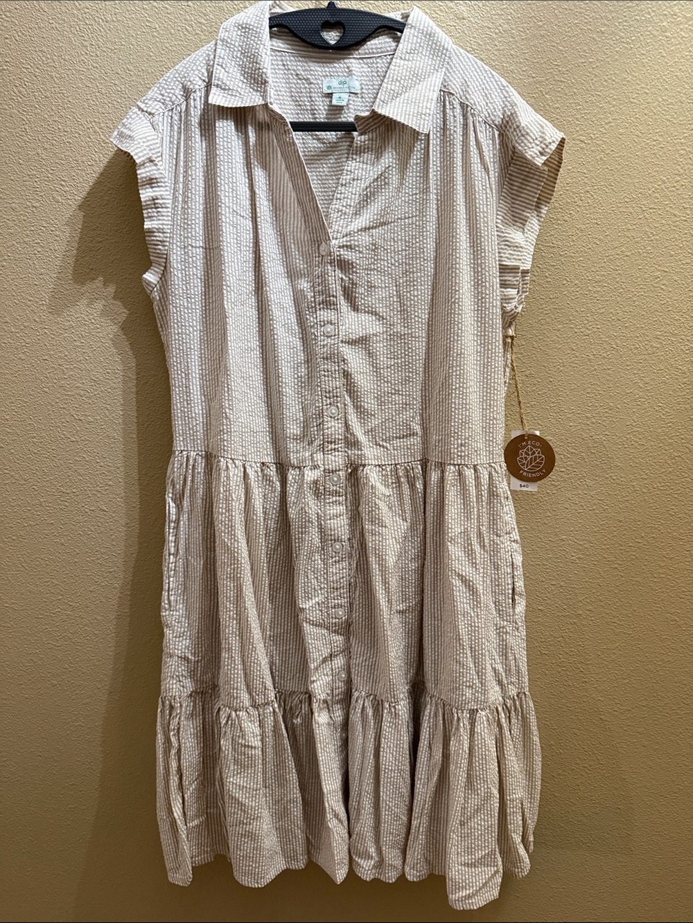 dip Beige and White Tiered Button-Front Boho Dress